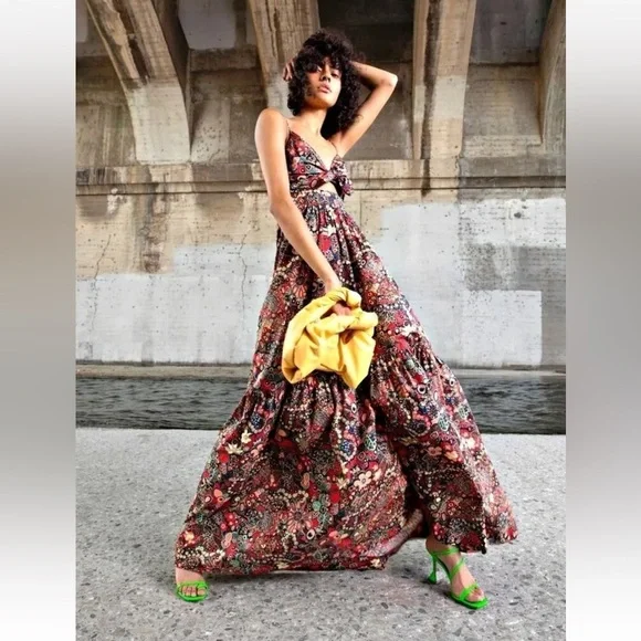 A.L.C. LAURA FLORAL PRINT CUT OUT MAXI DRESS in Sangria Multi NWT Sz 0 - Picture 2 of 12